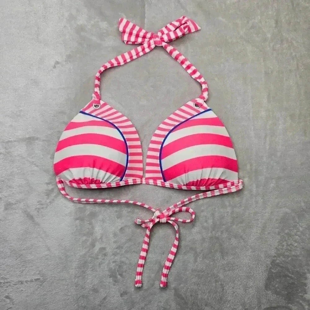 Gianni Bini Pink Stripes Padded Halter Bikini Top Swimwear Swimsuit Size Large